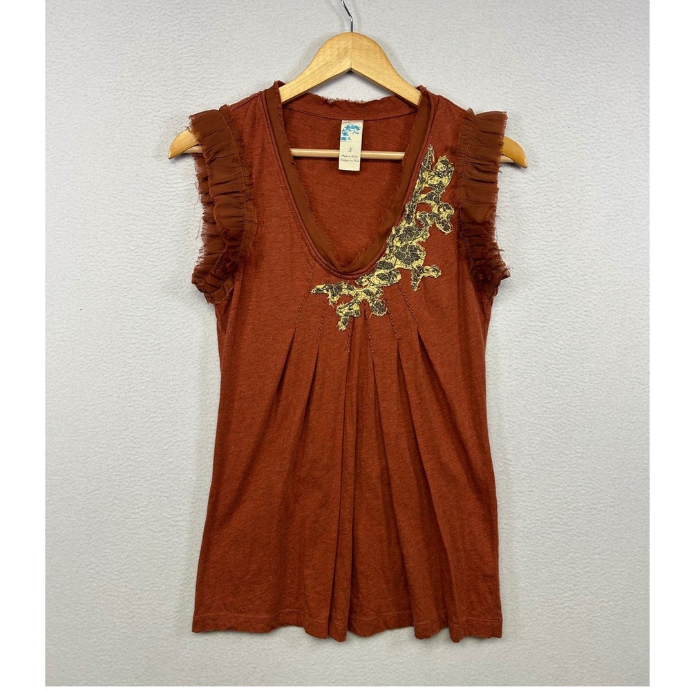 Boho Cottagecore Free People Womens Small Rust Ruffle Sleeve Embroidered Tank